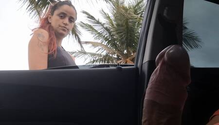 Risky handjob on the street for hottie in public!