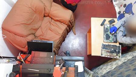Laptop repairman helps me to fix my broken laptop and cum