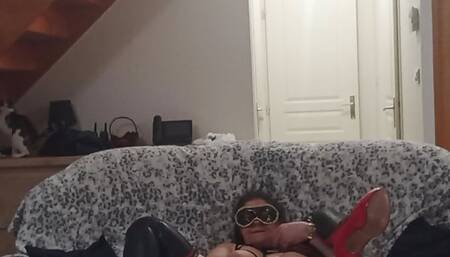 I Love my huge dildo on the sofa