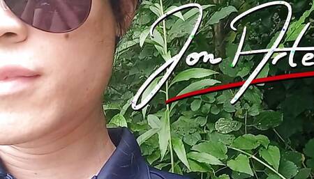 Gay twink Jon Arteen jerks off his cock with an oiled Fleshlight outside in the wilderness, his cock leaks precum and ejaculates