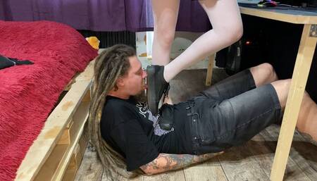 Tough belly trampling, sneakers soles licking and humiliation