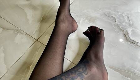Black nylon feet and long toes, toes in hose, nylon soles, stockings on me