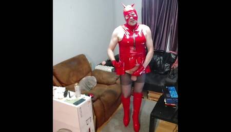 Preview of Red PVC Dres, Red Thigh High Heel Boots, Cum and Cum Eating