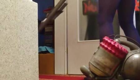 Erotic Vacuuming in Blue Fine Pantyhose