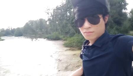 This Asian Gay Twink Has Something Shoved up His Ass and Sticking Out of His Butt as He Walks in Front of Everyone