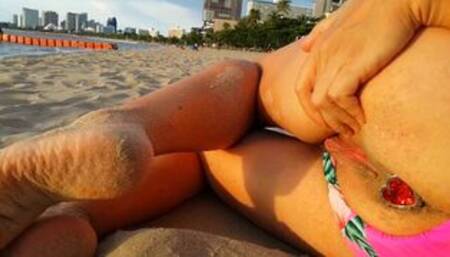 Risky PISSING on one PUBLIC Beach # Red BUTT PLUG flashing