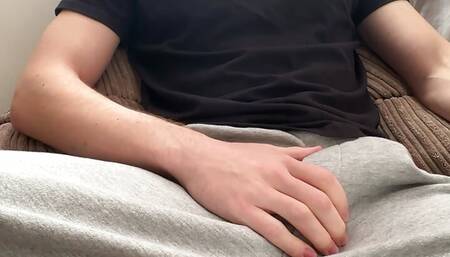 Horny Guy In Sweatpants Masturbates His Big Cock Until Moaning Cumshot