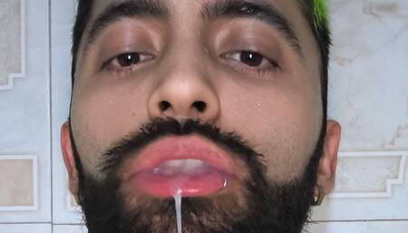 Camilo Brown Jerking His Big Uncut Cock in the Shower and Eating His Own Cum