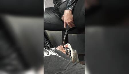 Obedient Slave Under Mistress' Chair Opens Mouth Wide and Swallow