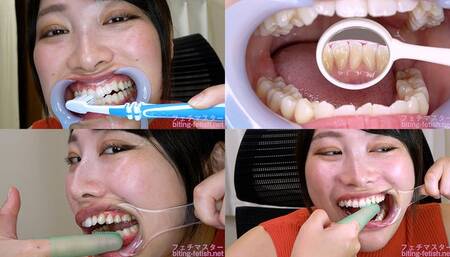 Miki Sunohara - Observing Sunohara Miki's teeth with a dental mirror & brushing her teeth while wearing a mouth opener & finger toothbrushing while wearing a lip hook - MOV