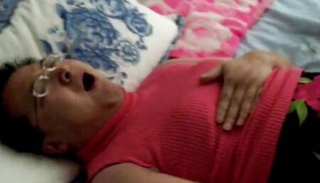 Crossdress slut man whore screaming squirming masturbation orgasm while wearing girlfriend's bra and sweater