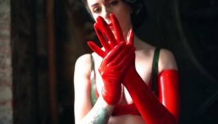 Fetish red latex gloves