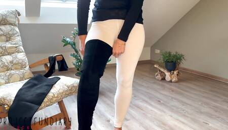 Hot Slut Wearing White Leggings, Black Suede Overknee Boots and Latex Gloves for Spreading Ass Sex - Projectfundiary