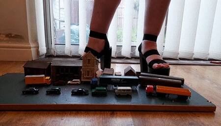 Giantess Lou crushes buildings, cars, trucks & train coaches in big black chunky heels ground view