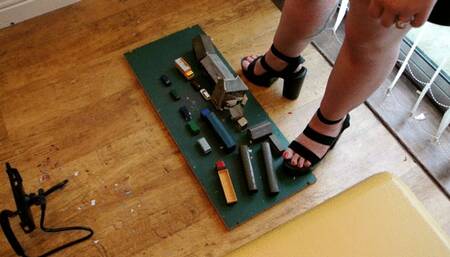 Giantess Lou crushes buildings, cars, trucks & train coaches in big black chunky heels extra high view