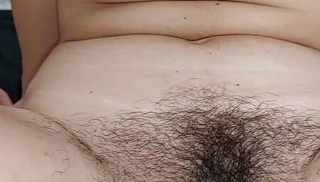 Amateur couple foreplay before sex, big ass, big tits. Hairy pussy wife, big tits.