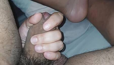 Step mom hand slip into step mom dick and handjob him good in hotel room