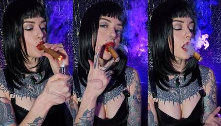 720p Smoking a Big Cigar in Black Vinyl Dress & Red Lipstick