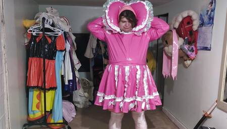 Pink PVC Sissy Bonnet Dress, Gasmask Fun with Breathing bag and Bubbler Bottle