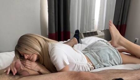 Sexy blonde sucks his small dick and tries to ride him and fails miserably