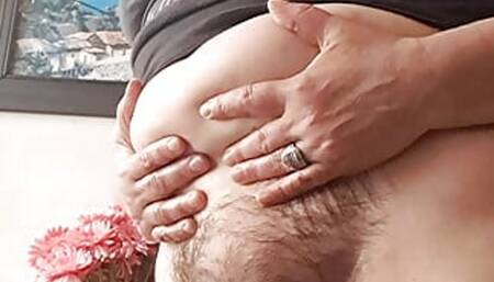 Under the shirt is the fat and hairy pussy