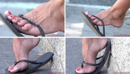Flip flop dangling foot fetish admiration close-up