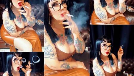 Dunhill International Cork Filter 100 - Blowing lots of smoke in your face - Elegant and seductive lady, wearing her smoking caramel leather outfit on tempting curves