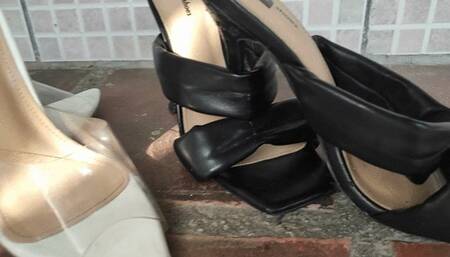 Feet with pronounced arch by trying different high heels and letting them hang down (3)