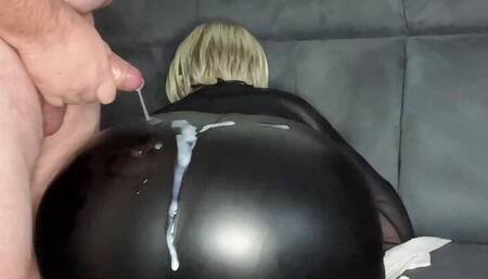 Oily handjob with cumshot on the leather leggings