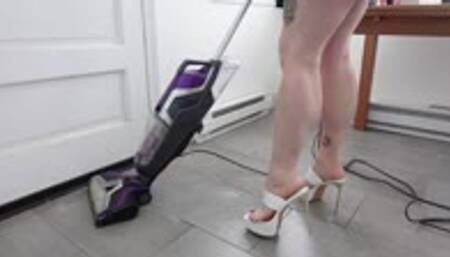 Muscular Calves while Vacuuming in White Stilettos with Gold Heel MP4 1080