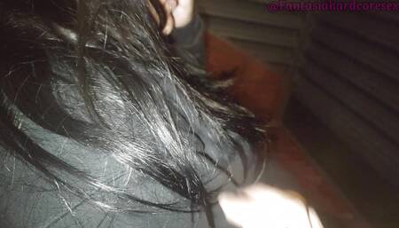 A blowjob on the balcony of my apartment while it's raining we are almost discovered by the neighbors