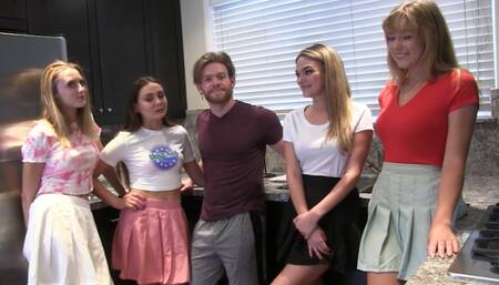 A guy gets lucky in the pool with his four naked friends around him