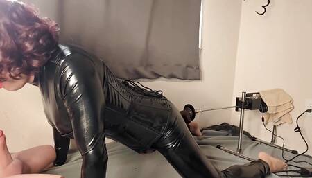 Pvc Catsuit Sissy Plays with Her Sex Toy Doll and Her Fucking Machine