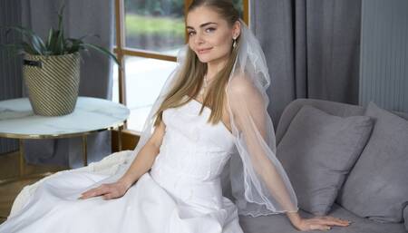 Sexy young bride with small boobs and hungry pussy