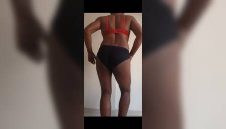 Indian Desi boy wearing wife's bra panties.