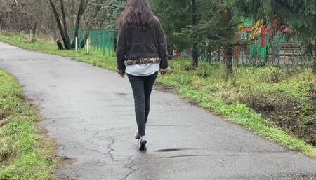 Walking in Nando Muzi Slingback with Straps Down in Cold and Rainy Day, Shoeplay