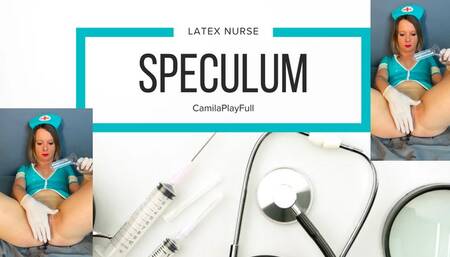 Nurse in latex playing with her speculum