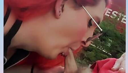 Shemale deepthroats and takes bareback creampie outdoors