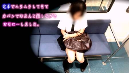 Cute girl masturbating on the train while hiding her pussy with her bag.
