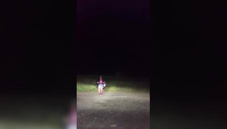 In school outfit with a purple skirt for a party and a little walk in a parking lot