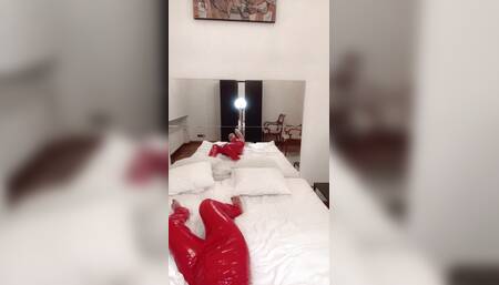 Lick Oil off Ass Dancing in Red Catsuit Liquid