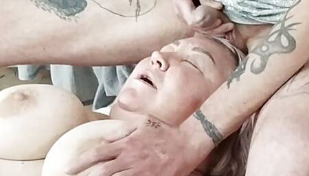 mother-in-law licks balls and I jerk off my cock and cum in her mouth and on her face