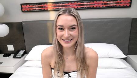 This petite blonde teen sucks a fat cock