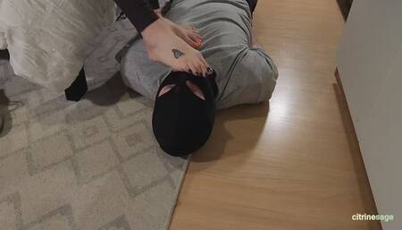 Foot slave sniffs and cleans my post workout sweaty socks and feet and I also smother his face with my sweaty ass