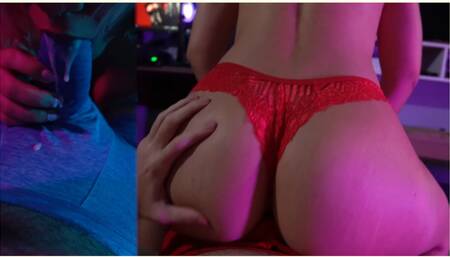 Sexy panties blonde girl lapdance, cumming in pants for grinding and clothed blowjob