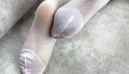 Solo Girl with Long Legs in White Stockings