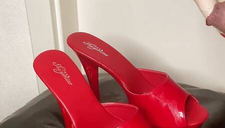 Cum on Red High Heel Mules