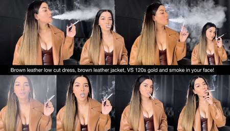 Brown leather low cut dress, brown leather jacket, long nails, nude glossy lips, VS 120s gold, double pumps and smoke in your face!