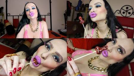 Bimbo in pink lingerie teases you with her huge lips, applies lipstick and sucks a lollipop with fresh filler in her lips!