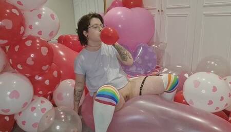 Valentines balloon pops & dildo fucking on top of longneck balloon -FTM